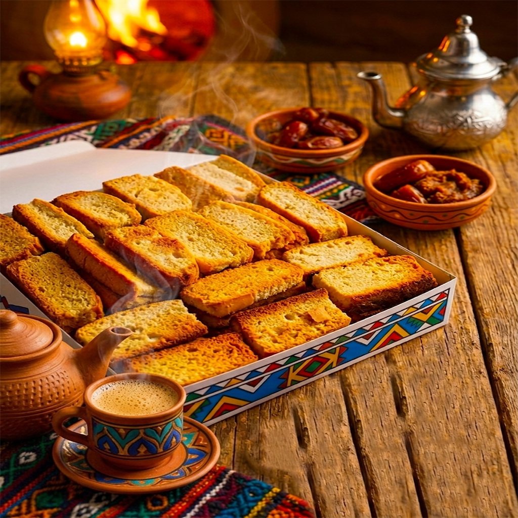 صندوق كرجوش بوجا الفاخر مع كوب شاي بالحليب نوبي وتمر على مائدة تراثية.